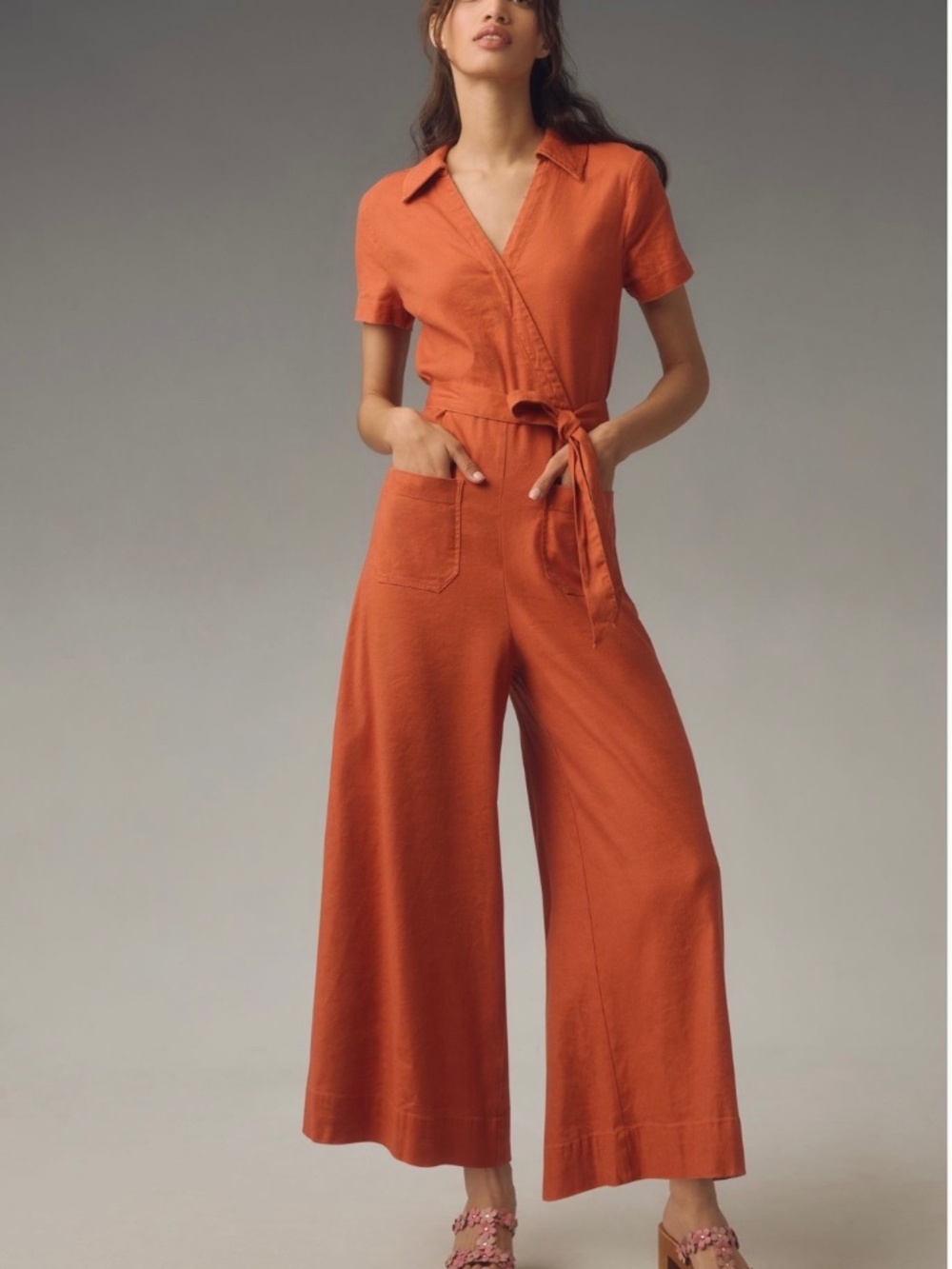 Anthropologie Maeve Colette Linen Wrap Jumpsuit - Burnt Orange / Rust